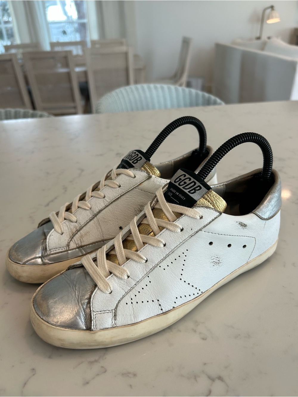 Women's Golden Goose GGDB Superstar White Silver Gold Perforated Star EU 38